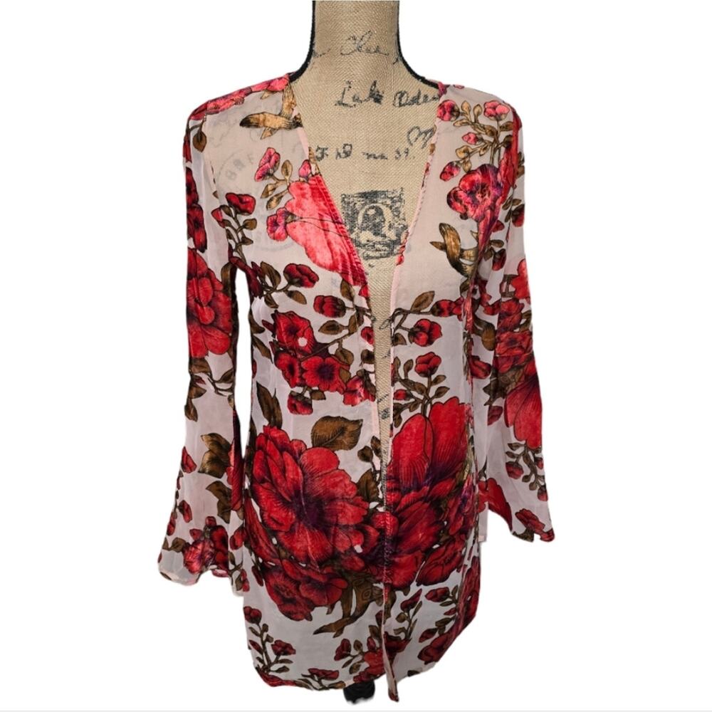 En Creme Victorian Red Floral Velvet Burnout Bell Sleeve Kimono Jacket Size Sm